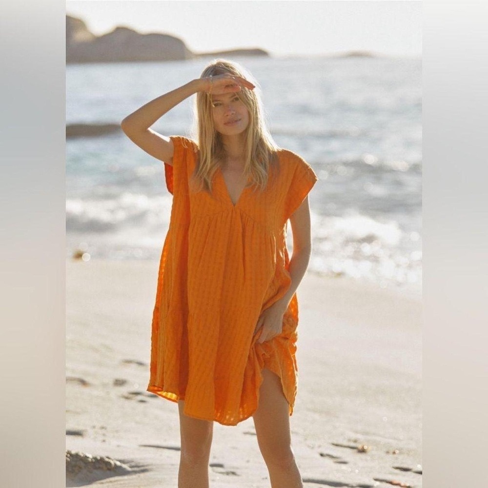 Anthropologie Maeve Short Sleeve Puckered Cotton Orange Dress with pockets S